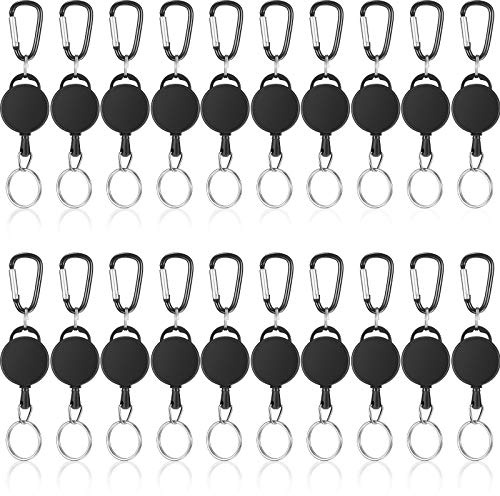Heavy-Duty Retractable Key Chain ID Badge Holder Reel Clip with Nylon Rope and Metal Buckle for Carrying Keys, Black(20 Pieces)