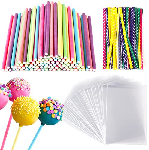 Yoosso 300 Stück Cake Pop Stiele Set, 100 Süßigkeiten Tüten 100 Lollipop Sticks mit 100 Twist Ties für Süßigkeiten Gebäcke Kekse Bonbons