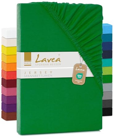 Lavea Spannbettlaken 90x200cm-100x200 - aus atmungsaktiver Baumwolle - Passgenau für Standardmatratzen bis 20cm - Waldgrünes Bettlaken mit Gummizug - Jersey Spannbetttuch 90x200cm-100x200