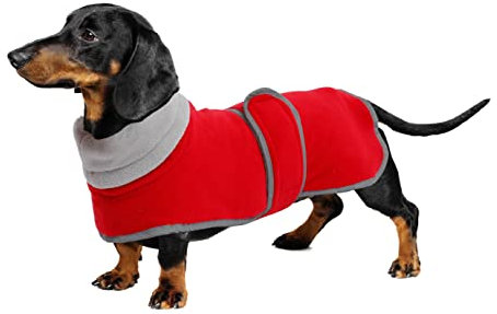 Geyecete-Polarfleece Winter hundemantel fur Dackel,Miniatur Dackel Pullover,Warmes Einstellbar Hundejacke Hundeweste mit Geschirr öffnung-Rot-XS