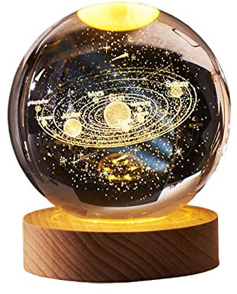 Shop-UP! Lampada Sistema Solare 3D sfera di cristallo grande, con base e luce a led USB, confezione regalo inclusa, lampada notturna