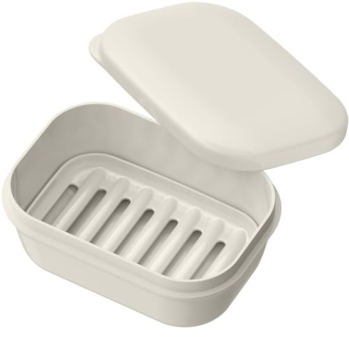 Quatish Leakproof Soap Dish with Lid & Draining Layer, Shatterproof Travel Bar Soap Holder Case Container, Portable Travel Size Toiletries Essentials for Camping, Gym, Bathroom, Beige