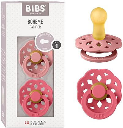 BIBS Boheme Soother 2-Pack. BPA Free Dummy Pacifier, Round Nipple. Natural Rubber Latex, Made in Denmark, Size 1 (0-6 Months), Dusty Pink/Coral