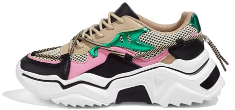 LUCKY STEP Baskets Femme à Plateforme – Chaussures Chunky Dad Rétro, Baskets à Blocs de Couleurs pour Usage Quotidien et Promenades (Noir/Vert, 9US-39EU-6UK)