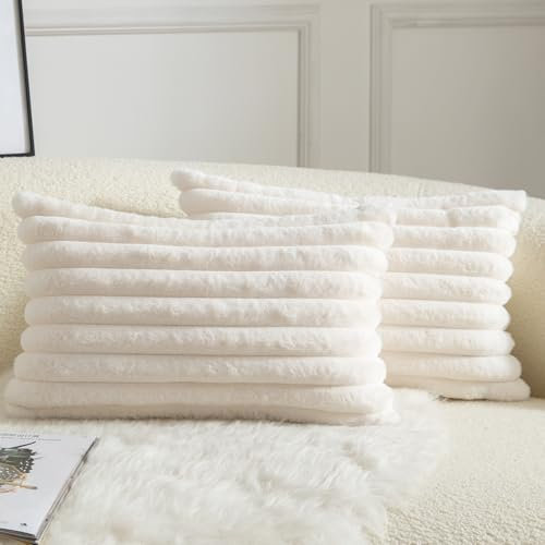 Mandioo 2er Set Kissenbezug gestreiftes Künstlich Pelz Superweich Kissen Flauschig Modern Kissenhülle Deko Sofa Wohnzimmer Schlafzimmer Kissenbezüge 30 x 50 cm Cremeweiß