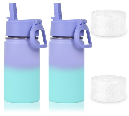 Volhoply Botella de agua para niños de 14 onzas con tapa y popote, paquete de 2 botellas aisladas de acero inoxidable