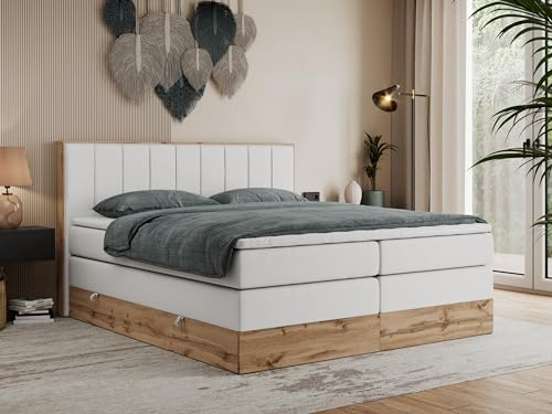 MKS MEBLE King Boxspringbett 200x200 cm mit Bettkasten Eiche, Polsterbett mit Matratze H4 und Topper T25, Bett mit Rahmen in Wotan Eiche und Kopfteil - WeiĂź Kunstleder - Bellissimo King