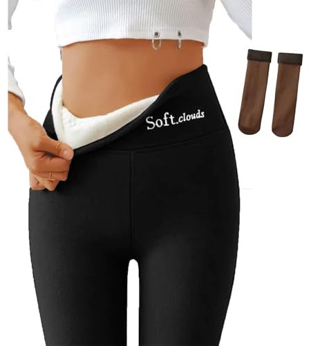 Soft Clouds Fleece Leggings for Women Winter, Casual Warm Winter Solid Pants, Plus Size Fleece Lined Leggings (Black,Medium)