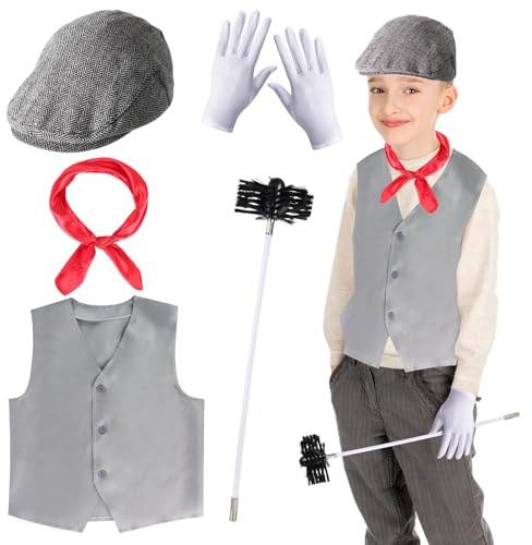 Yewong 5 Pieces Kids Chimney Sweep Costume Set Vintage Beret Hat Costume Vest Gloves Scarf and Brush Accessory for Halloween World Book Day Cosplay