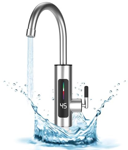Wasserhahn mit Durchlauferhitzer, Edelstahl Elektrischer Durchlauferhitzer Wasserhahn mit 360 ° Drehbarer und LED Temperaturanzeige für Camping, Garten, Küche, Bad(220V 3000W, EU Stecker)