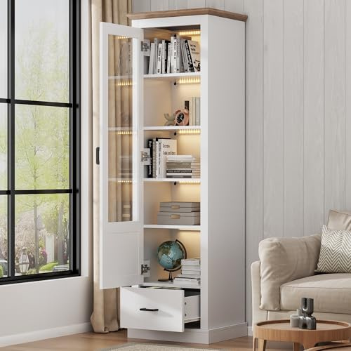 Kebnor Moderne Vitrine Weiß Matt 178cm, Standvitrine mit Holzdekor, Glasvitrine Hochschrank mit Schublade, MDF Vitrinenschrank, 5 Fächer Display Schrank