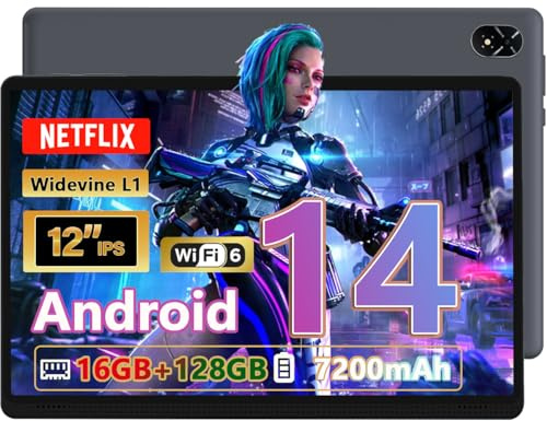 Tablette Tactile 12 Pouces Grand écran 16Go RAM, 128Go ROM, Octa Core performantes Tablette Android 14 Wi-Fi 6, Bluetooth 5.2, 2 haut-parleurs, 7200mAh,affichage multi-fenêtres, design fin (Noir)