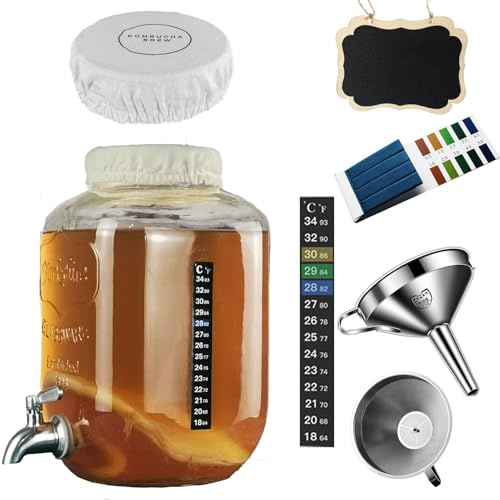 lomejii Kit de Démarrage Kombucha et Jun avec Bocal en Verre 5L, Robinet Inox, Accessoires de Fermentation Continue, Bandelettes pH, Thermomètre, Housse, Entonnoir et Filtres