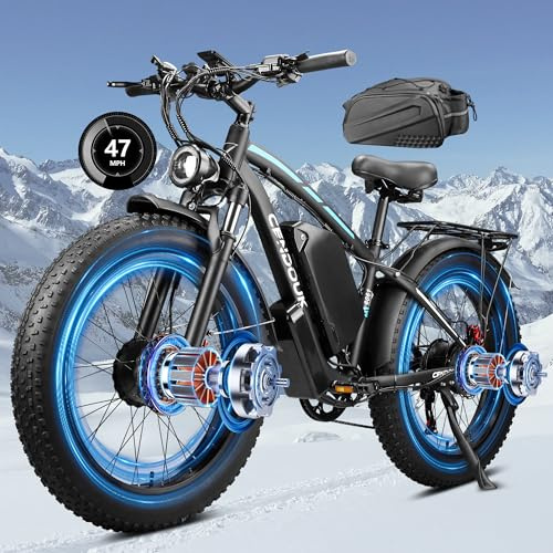 PWOTO 58V Max-Output Dual Motor Ebike, Peak 9000W for Adults Certified Battery 47MPH 105 Miles Range 24 Inch Fat Tire Electric Bike LCD Display for Man Women - Blue