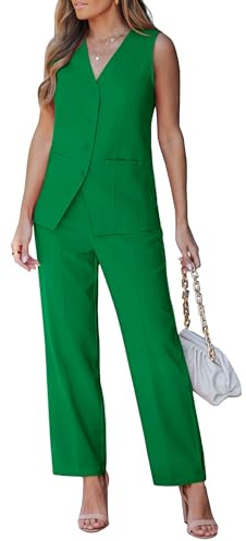 luvamia Vest Pants Suits for Women Dressy 2 Piece Sets Sleeveless Blazer Straight Leg Dress Pants Business Casual Outfit Jolly Green Medium Fits US 8-10