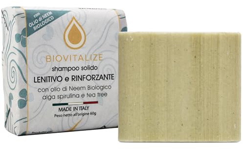 Biovitalize Shampoo Solido Lenitivo Rinforzante, coadiuvante Antiforfora, Plastic Free, 60g con Tea Tree, Neem e Spirulina, Sebo-Regolatore per Capelli Grassi, Uomo e Donna