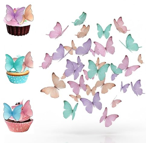 CATZUM Set 48 decorazioni commestibili a forma di farfalla per torte, cupcake, decorazioni per compleanni, matrimoni e dolci per bambine (multicolore)