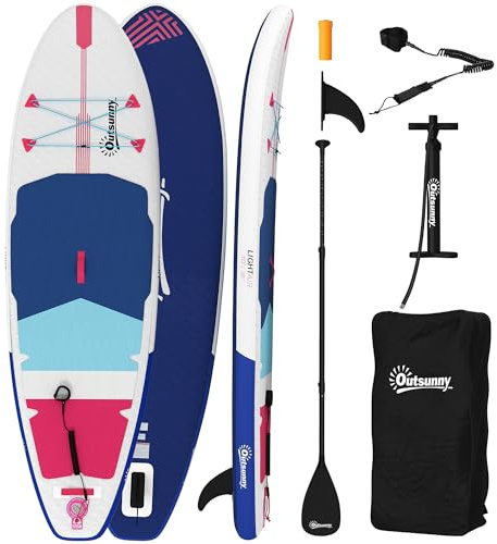 Outsunny Tabla de Sup Inflable para Adultos, Tabla de Paddle Surf con Cubierta Antideslizante de EVA, Remo de Aluminio Ajustable, Mochila, Bomba, Aleta extraíble, Carga de 160 kg, 305 x 89 x 15 cm,