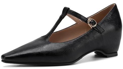 Mary Jane-skor koreansk stil dam spetsig tå T-rem låg blockklack pumps för kontor vardag minimalistiskt mode