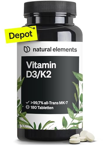 natural elements Vitamin D3 + K2 Depot – 180 Tabletten – Premium-Qualität: K2VITAL® von Kappa – 99,7+% All-Trans K2-MK7 + 5000 IE Vitamin D3 – hochdosiert, ohne Zusätze – laborgeprüfte Qualität