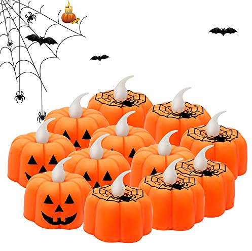 JYPS 12PCS Halloween Decorations Pumpkin Tealights Candles Flameless Tea Lights Battery Operated LED Orange Lanterns for Halloween, Indoor and Outdoor Home Decor