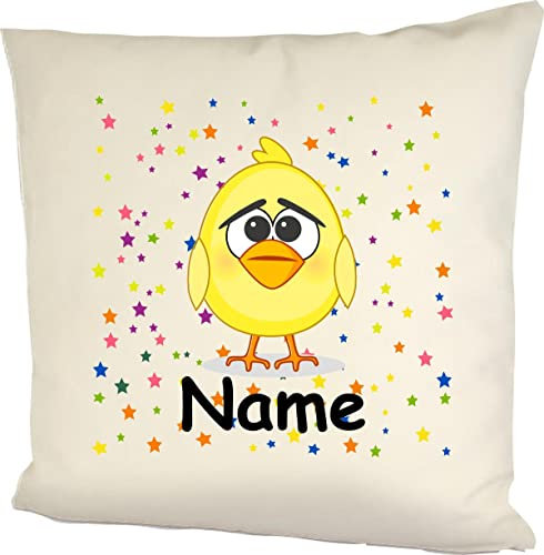 Kuschelkissen Küken mit Wunschnamen Tiermotiv Sterne Sterne, Kinderzimmer Kuscheln, Kopfkissen Dekokissen mit Füllung, Größe 40X40cm, Farbe Natur