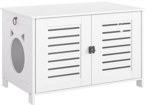 HOOBRO Maison de Toilette pour Chat, Meuble pour Animaux Persiennes, Niche pour Chats avec Entrée sur Le Côté, Litière pour Chats d'Intérieur Armoire à Litière, Blanc EWT60MW01