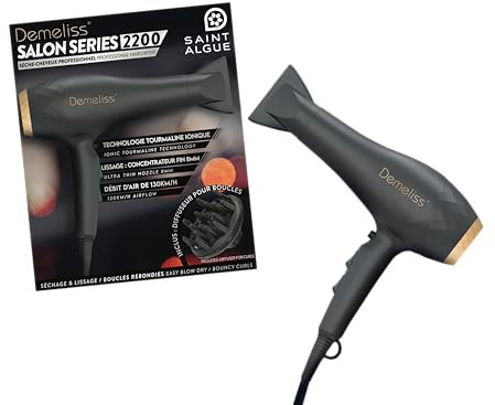 Demeliss Sèche-Cheveux Professionnel Salon Series 2200 - Tourmaline Ionique - Anti-Frisottis - 2 Vitesses, 3 Températures - Moteur AC Puissant - Diffuseur + Concentrateur - Saint Algue