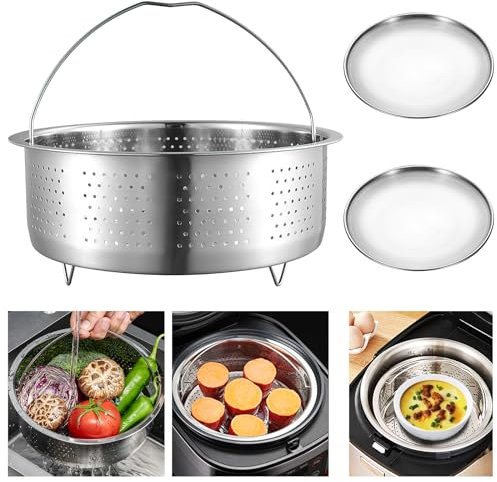 Cestello Cottura Vapore, Multifunzionale Inserto per Cottura a Vapore Acciaio Inox con Maniglia e 2 Vassoi Vapore, per La Maggior Parte delle Pentole a Pressione e Cuociriso(17.5*17.5*9.5cm)