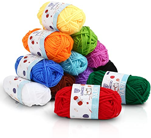 LEMESO Laine à Tricoter Multicolore, 12 × 15g Pelotes de Laine en 100% Acrylique 12 Couleurs Fils de Tricoter pour Débutants Amateur