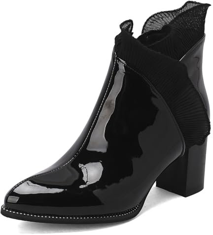 Klarmar Mujer Puntiagudo Elegante Chelsea Botas Cortas Tacón Ancho Invierno Fiesta Boda Ruffles Moda Botín Negro-Charol Talla 36 EU/23CM