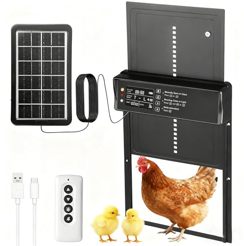 Porta Automatica per Pollaio con Pannello Solare,Cancello Elettrico per Galline in Alluminio Anticorrosione,Telecomando 2 Vie + Sensore Crepuscolare, Impermeabile IP65 per Giardino/Fattoria Nero