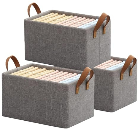 Kiswleon 3 scatole portaoggetti per scaffali, cesti con manici, organizer per armadio, armadio, bagno, cassetti, 40 x 27 x 21 cm