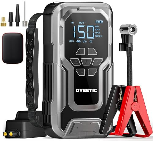 6000A Starthilfe Powerbank mit 150PSI Kompressor, 12V Auto Starthilfe Starter Tragbares Autobatterie Booster für Auto/Moto (alle Benzin und 10,0L Diesel Motoren), mit LED Taschenlampe QC3.0