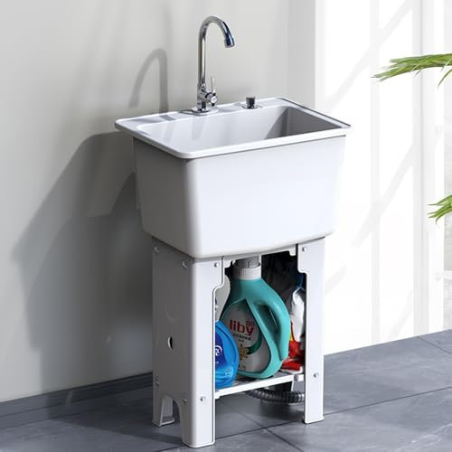 Lavandino profondo indipendente con rubinetto girevole a 360° e scarico rapido con un solo pulsante, lavabo salvaspazio, lavello in plastica per lavanderia, ideale(White)