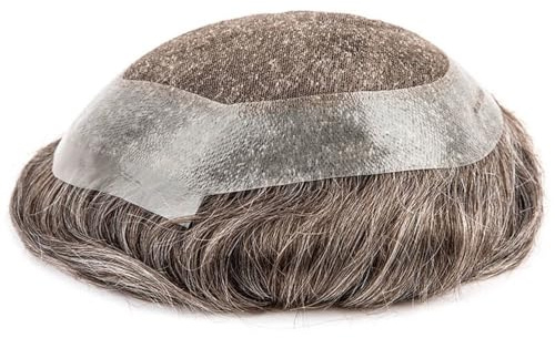 Sistema di capelli umani for uomo, toupet in pizzo svizzero, con pelle PU attorno ai capelli maschili Toupee for Men