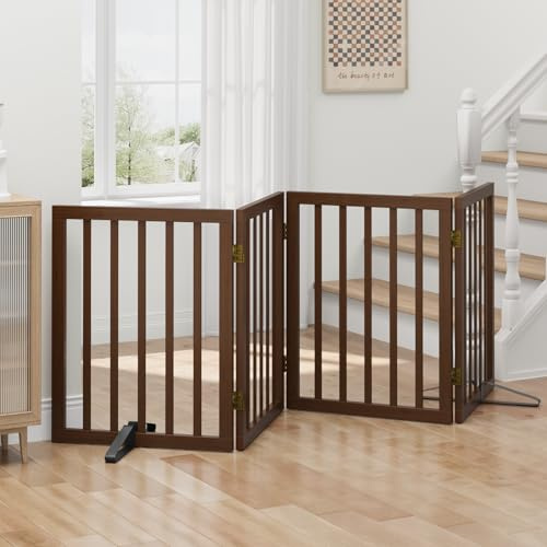 Freestanding Dog Gates for Doorways, Foldable Dog Gate Indoor, Pet Gates for Doorways Bedroom, Puppy Gate with Metal Support Feet 4 Panels (Rustic tan)