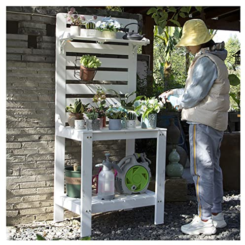Utomhus planteringsbänk – massivt trä trädgårdsbord med krokar, 90 x 45 x 165 cm, vit – perfekt för trädgårdsarbete, plantering, organiseringsverktyg och utomhusarbetsutrymme.