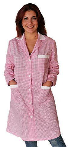 Camici da Lavoro Donna,Quadrettini,Manica Lunga,Maestra Asilo,Alimentari,Banconista (Quadretti Rosa, L)