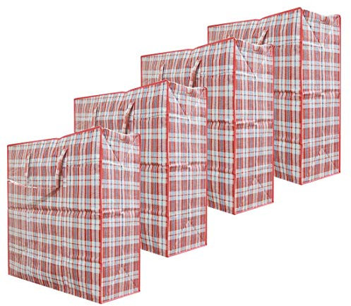 Set of 6 Jumbo Plastic Checkered Storage Laundry Shopping Bags W. Zipper & Handles Size 27 H X 25 L x 8.5 W Inch Assorted Color