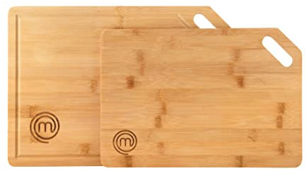 MasterChef Set Taglieri Cucina, Tagliere Grande e Medio, Taglia per Aperitivo, Carne, Pane, con Foro per Poterlo Appendere, Bamboo, 38,5cmx27,5cm (con Scanalatura del Succo) /34cmx23,5cm