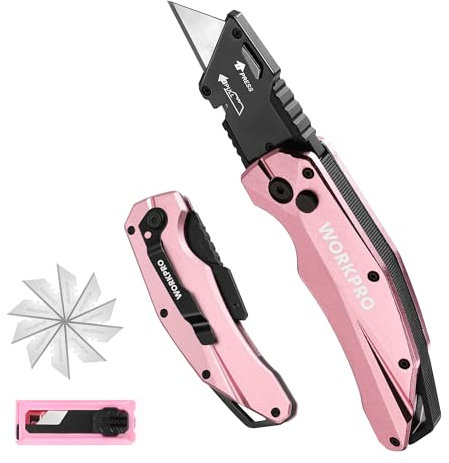 WORKPRO Klappbares Teppichmesser, Schweres Universalmesser aus Vollmetall, Schnellwechselklinge Cuttermesser, Schnelles Öffnen Achsensperre & Sichere Verriegelung, mit 10 zusätzlichen Klingen, Rosa