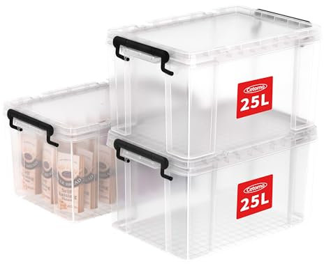 Cetomo 25L*3 Cajas de Almacenamiento, Cubo de Almacenamiento Plástico Apilable con Tapas, Contenedor de Alta Resistencia con Esquinas Reforzadas, Duradero, Transparente, 25L-Conjunto de 3