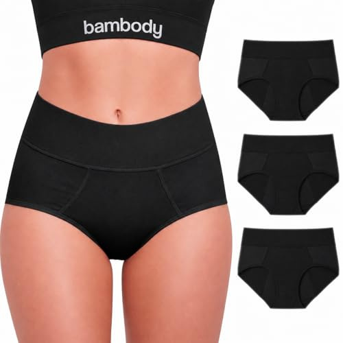 Bambody Bragas absorbentes, ropa interior menstrual para mujer, menstrual, posparto, ropa interior suave, cómoda y transpirable, talla XS, paquete de 3, color negro, Negro -, XS