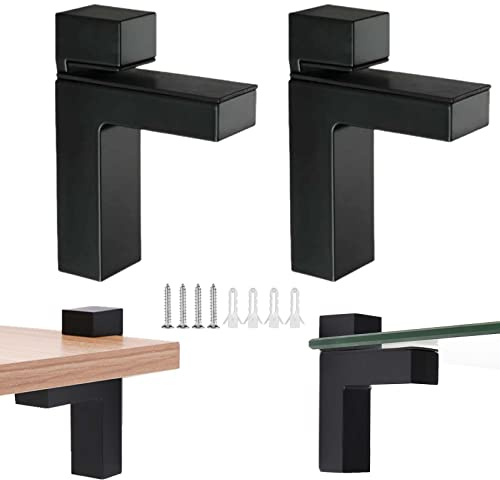 KMERCE 2 Supports Étagère en Verre Murale, Pince à Verre Réglable Fixation Murale, Supports d'étagère Flottantes, Equerre Etagere, pour verre et Tablette en bois 3-28MM, en Alliage de Zinc,Noir