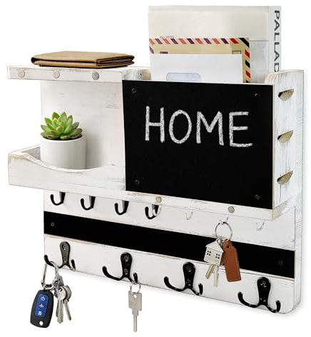 HEKOOLA Key Holder for Wall Mount with Shelf and Mail Organizer, Key and Mail Holder with 16 Hooks, Farmhouse Entryway Organizer, Home Decor Rack (Pine Wood, White Washed)