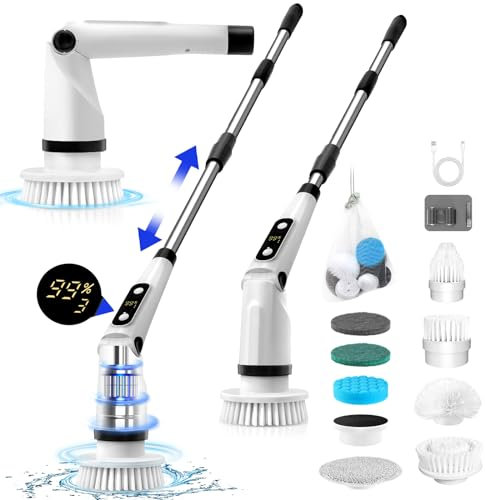 Elektrische Reinigungsbürste, GRUTTI Spin Scrubber mit 8 Austauschbaren Bürstenköpfen, 3 Geschwindigkeiten, Verstellbarer Griff, IPX7 Wasserdicht, LED-Bildschirm, für Badezimmer,Fliesen, Boden, Küche
