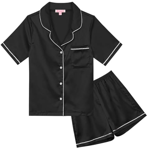 QPANCY Kids Silk Satin Pajamas Set Girls Boys 2 Piece Black Pjs Size 8 9