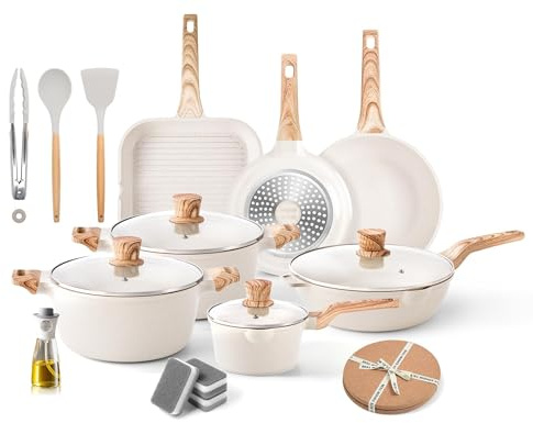 RIOVARM Ensemble de casseroles et poêles antiadhésives avec couvercles, batterie de cuisine pour grill et plaque à induction, poêles non toxiques, poêles à frire sans PFOA, casseroles avec spatules et