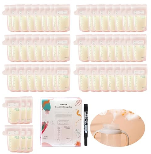 60 Stück Gefrierbeutel Muttermilch, Aufbewahrungsbeutel für Muttermilch, Muttermilchbeutel zum Einfrieren mit Doppelter Schicht Selbstdichtender Reißverschluss(Kann für Reisen Verwendet Werden)